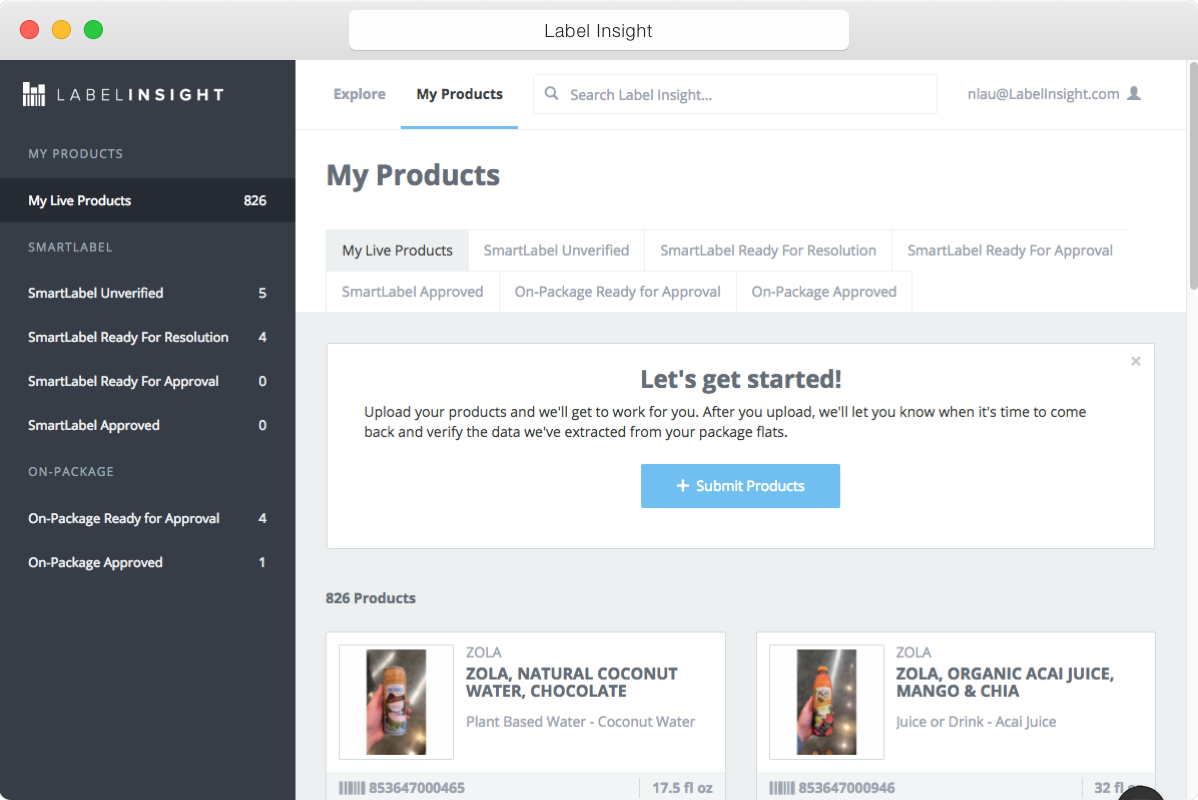 Label Insight My Products Screen