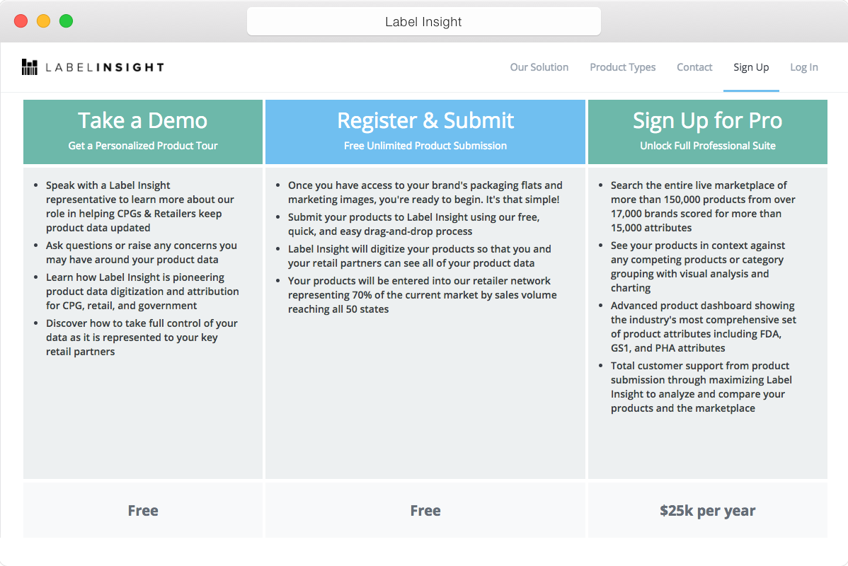 Label Insight Product Tiers Screen